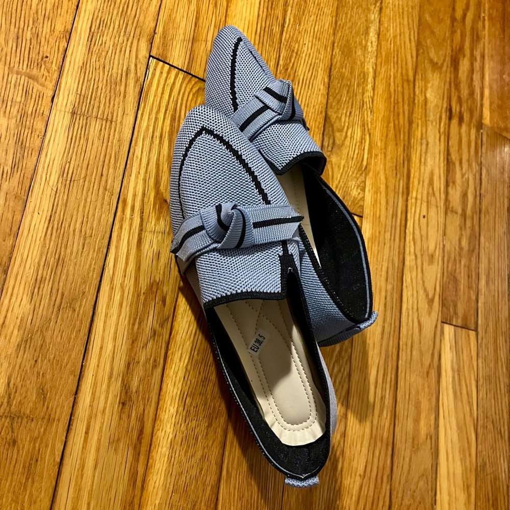 Pointed Knot Bow Top Ballet Flat Casual Loafer Contrast Color Slip-on Shoes Blue